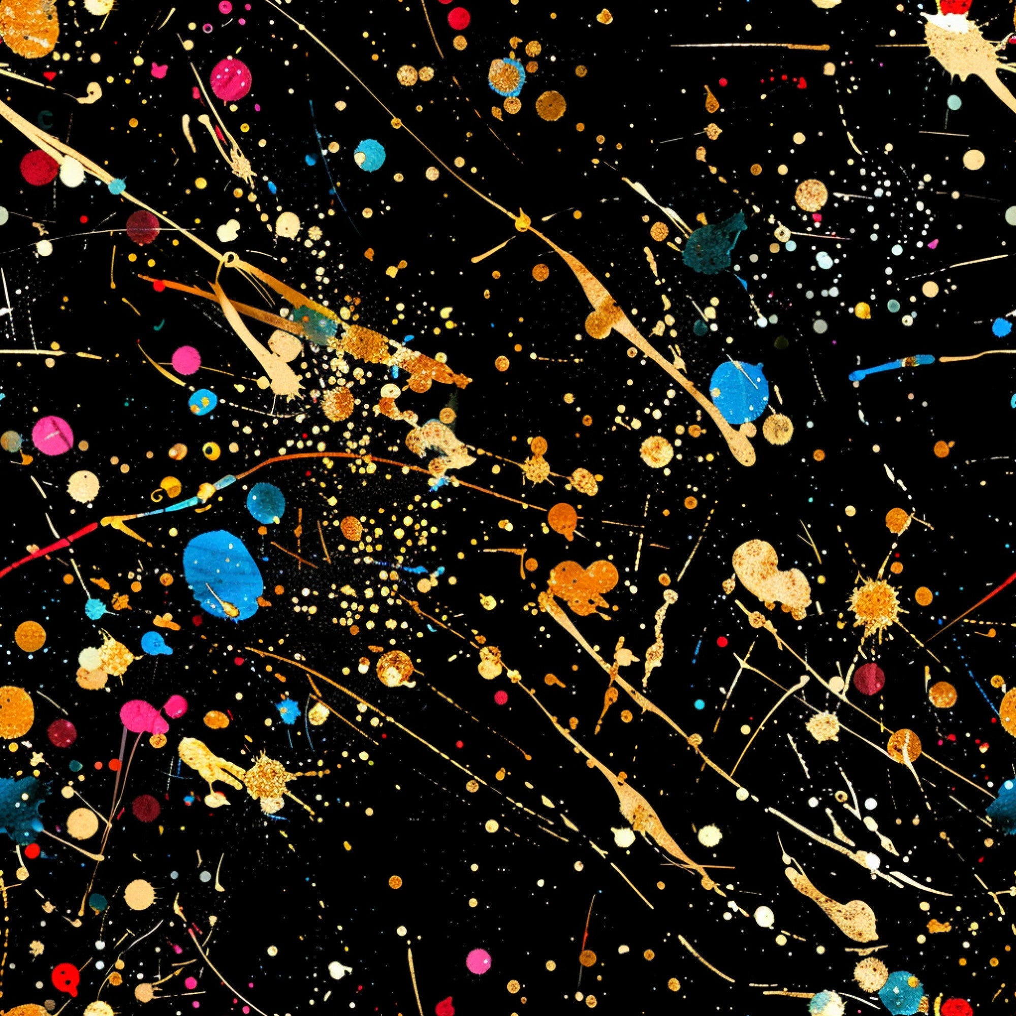 black background, paint splatter, glitter effect, gold accents, blue dots, pink circles, orange splatters, white speckles, red droplets, yellow paint, abstract pattern, cosmic design, energetic style, splashed paint, colorful chaos,, fabric panel, modern art, dynamic composition, multicolored splatters