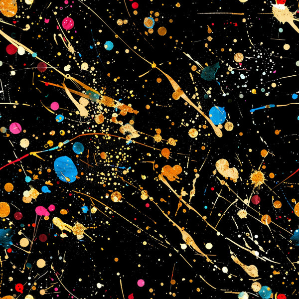 black background, paint splatter, glitter effect, gold accents, blue dots, pink circles, orange splatters, white speckles, red droplets, yellow paint, abstract pattern, cosmic design, energetic style, splashed paint, colorful chaos,, fabric panel, modern art, dynamic composition, multicolored splatters