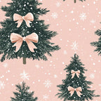 blush pink, dusty rose, forest green, christmas trees, pink bows, snowflakes, winter pattern,, fabric panel, holiday theme, evergreen branches, snow dots, festive design, soft pastels, whimsical style, seasonal motifs, repeating pattern, pine trees, winter wonderland, cozy aesthetic