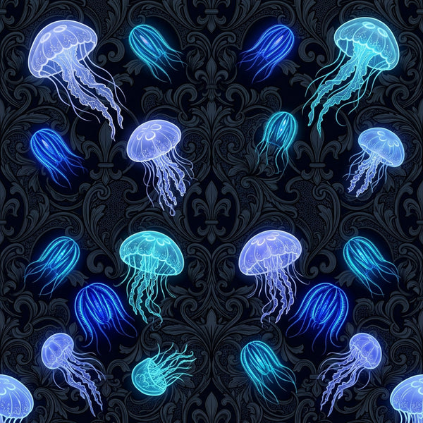 neon jellyfish, bioluminescent, ocean creatures, deep sea, glowing jellyfish, navy blue, electric blue, cyan, turquoise, purple glow, luminescent, neon glow, marine life, sea life, nautical, whimsical, modern, contemporary, elegant, dark background, ornate damask pattern, jellyfish design, celestial glow, underwater theme, kids room, playroom, ocean nursery, sea creature motif, glowing animals, fantasy