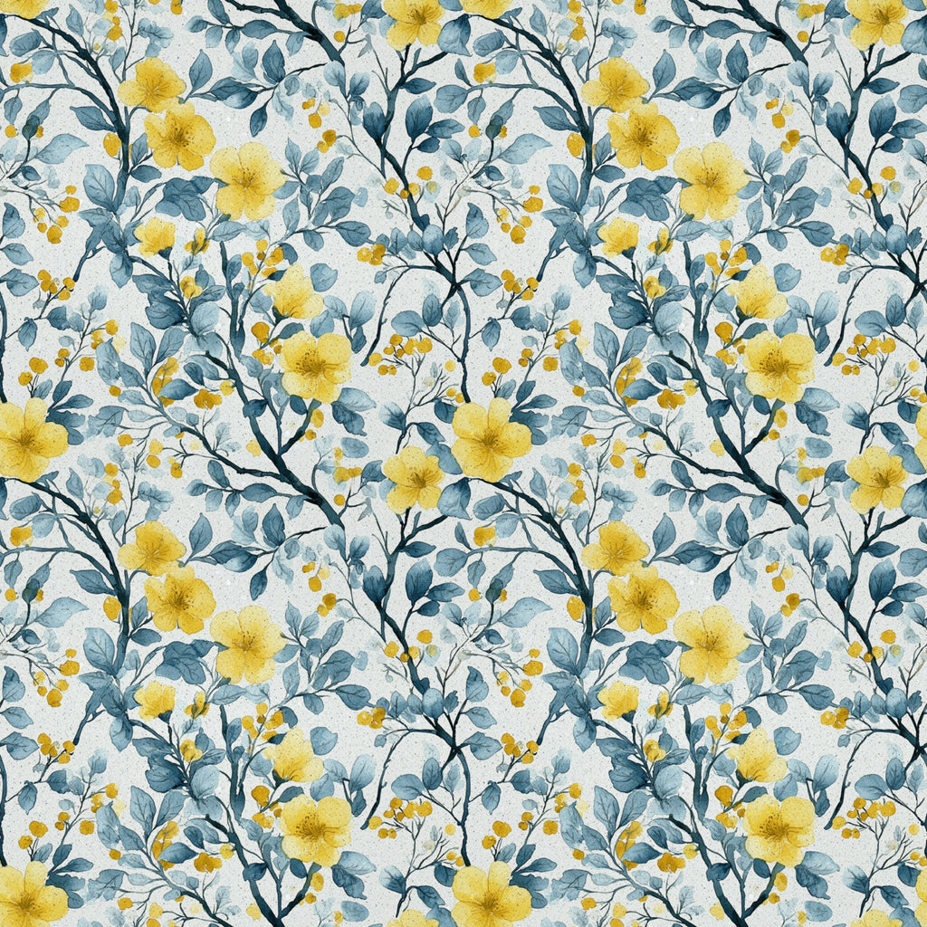 yellow flowers, blue leaves, botanical pattern, watercolor style, floral design,, fabric panel, repeating pattern, spring blooms, nature motif, soft pastels, delicate branches, garden florals, artistic illustration, seamless repeat, cottage core, feminine design, crafting fabric