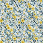 yellow flowers, blue leaves, botanical pattern, watercolor style, floral design,, fabric panel, repeating pattern, spring blooms, nature motif, soft pastels, delicate branches, garden florals, artistic illustration, seamless repeat, cottage core, feminine design, crafting fabric