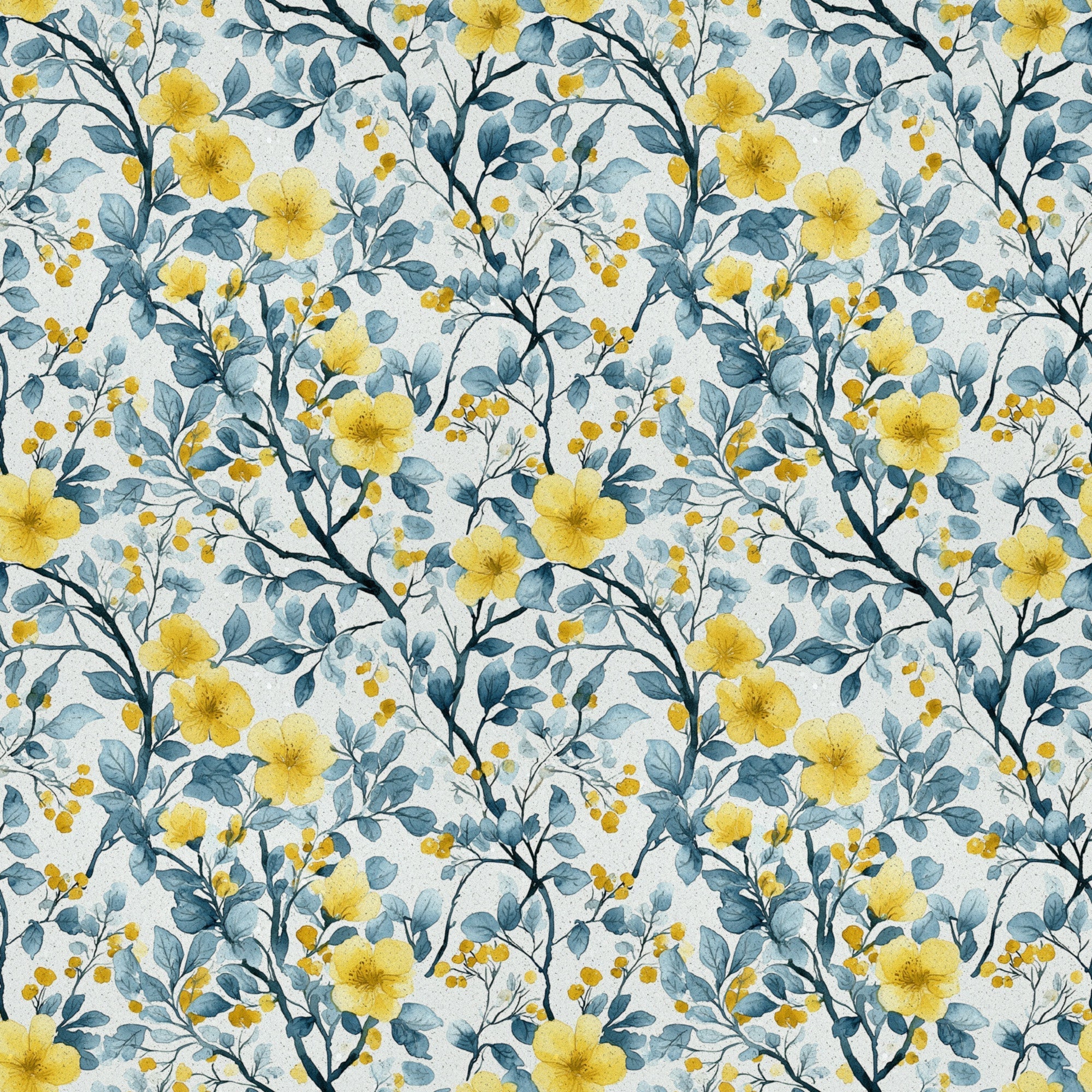 yellow flowers, blue leaves, botanical pattern, watercolor style, floral design,, fabric panel, repeating pattern, spring blooms, nature motif, soft pastels, delicate branches, garden florals, artistic illustration, seamless repeat, cottage core, feminine design, crafting fabric