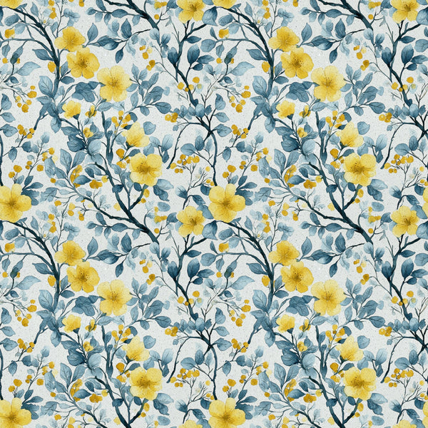 yellow flowers, blue leaves, botanical pattern, watercolor style, floral design,, fabric panel, repeating pattern, spring blooms, nature motif, soft pastels, delicate branches, garden florals, artistic illustration, seamless repeat, cottage core, feminine design, crafting fabric