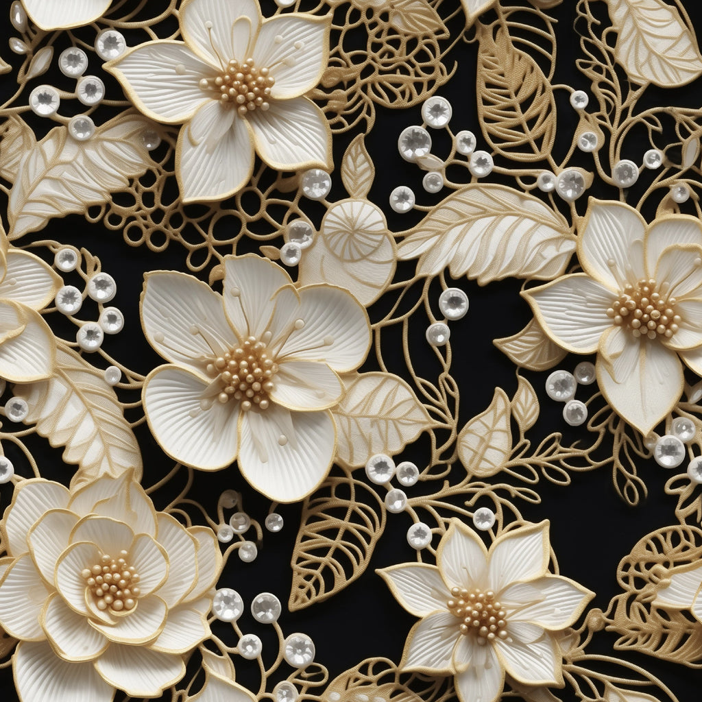 cream, beige, gold, black background, floral pattern, lace design, tatting motif, delicate flowers, ornate leaves, pearls, beads, dimensional texture, intricate lacework, botanical elements, elegant style,, fabric panel, vintage inspired, romantic mood, decorative florals
