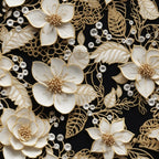 cream, beige, gold, black background, floral pattern, lace design, tatting motif, delicate flowers, ornate leaves, pearls, beads, dimensional texture, intricate lacework, botanical elements, elegant style,, fabric panel, vintage inspired, romantic mood, decorative florals