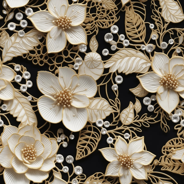 cream, beige, gold, black background, floral pattern, lace design, tatting motif, delicate flowers, ornate leaves, pearls, beads, dimensional texture, intricate lacework, botanical elements, elegant style,, fabric panel, vintage inspired, romantic mood, decorative florals