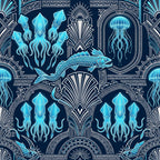 navy blue, cyan blue, turquoise, white, ocean blue, deep sea, squid, jellyfish, fish, nautical, marine life, art deco, geometric, ornamental, decorative borders, sea creatures, underwater, aquatic, celestial, elegant, sophisticated, modern, vintage, whimsical, fantasy, ocean themed, beach, sea life, intricate patterns, symmetrical design