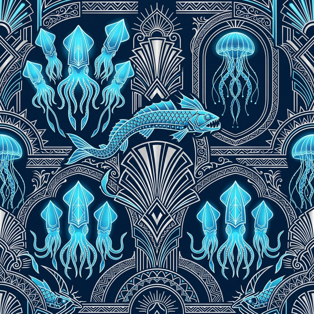 navy blue, cyan blue, turquoise, white, ocean blue, deep sea, squid, jellyfish, fish, nautical, marine life, art deco, geometric, ornamental, decorative borders, sea creatures, underwater, aquatic, celestial, elegant, sophisticated, modern, vintage, whimsical, fantasy, ocean themed, beach, sea life, intricate patterns, symmetrical design