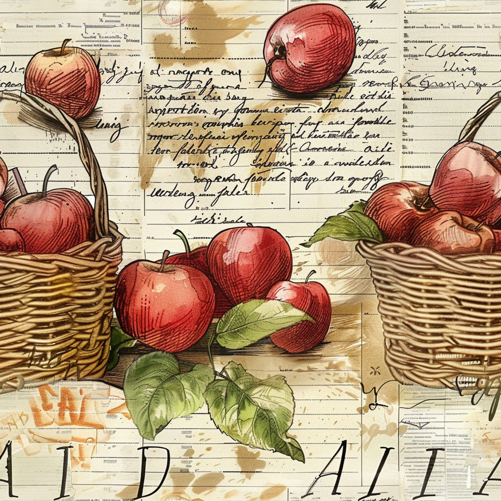 red apples, wicker baskets, green leaves, vintage illustration, farm fresh, handwritten script, botanical artwork,, fabric panel, rustic charm, harvest theme, fruit motifs, sepia tones, crosshatch shading, country style, apple orchard, natural elements, autumn colors, farm life