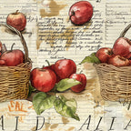 red apples, wicker baskets, green leaves, vintage illustration, farm fresh, handwritten script, botanical artwork,, fabric panel, rustic charm, harvest theme, fruit motifs, sepia tones, crosshatch shading, country style, apple orchard, natural elements, autumn colors, farm life
