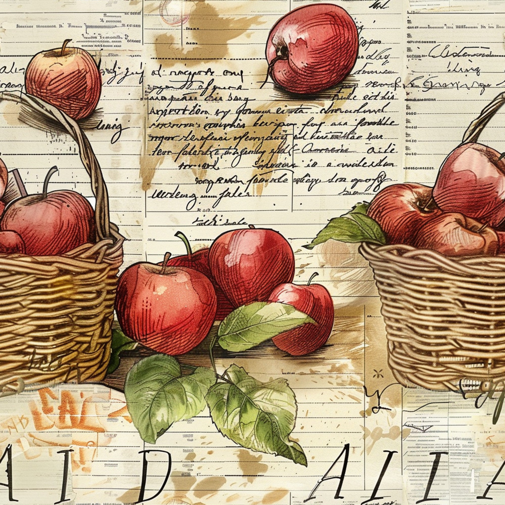 red apples, wicker baskets, green leaves, vintage illustration, farm fresh, handwritten script, botanical artwork,, fabric panel, rustic charm, harvest theme, fruit motifs, sepia tones, crosshatch shading, country style, apple orchard, natural elements, autumn colors, farm life
