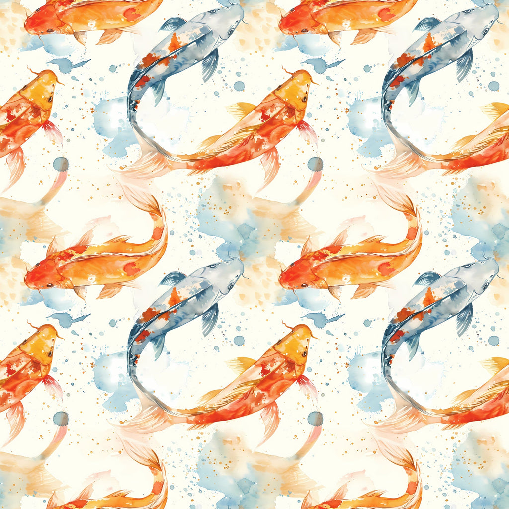 watercolor fish, koi carp, orange fish, blue fish, red fish, swimming pattern, aquatic design, watercolor splashes, flowing movement, seamless repeat,, fabric panel, artistic style, pond fish, water droplets, soft pastels, nature motif, fish swimming, delicate brushstrokes, asian inspired