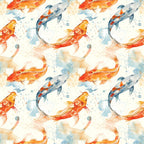 watercolor fish, koi carp, orange fish, blue fish, red fish, swimming pattern, aquatic design, watercolor splashes, flowing movement, seamless repeat,, fabric panel, artistic style, pond fish, water droplets, soft pastels, nature motif, fish swimming, delicate brushstrokes, asian inspired