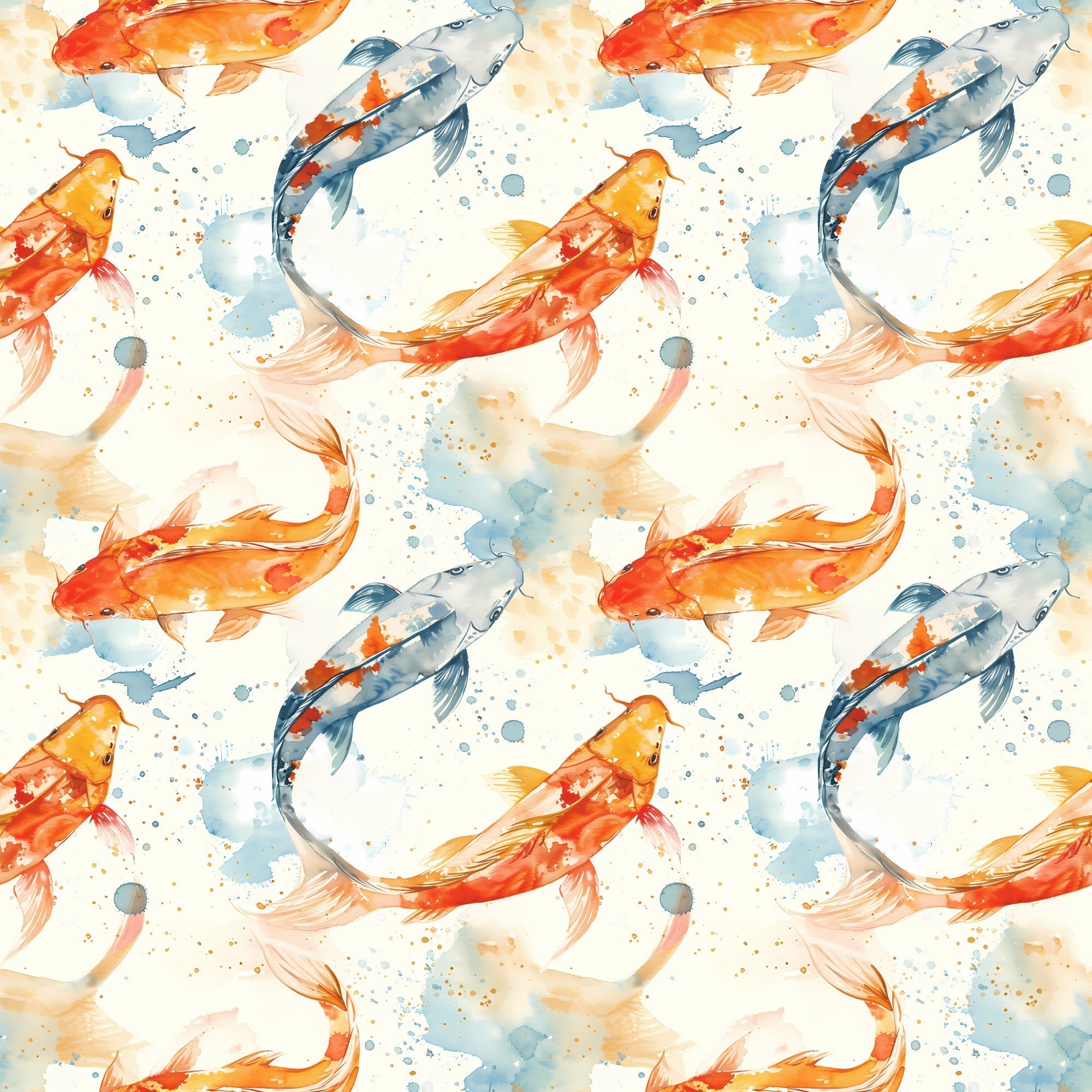 watercolor fish, koi carp, orange fish, blue fish, red fish, swimming pattern, aquatic design, watercolor splashes, flowing movement, seamless repeat,, fabric panel, artistic style, pond fish, water droplets, soft pastels, nature motif, fish swimming, delicate brushstrokes, asian inspired