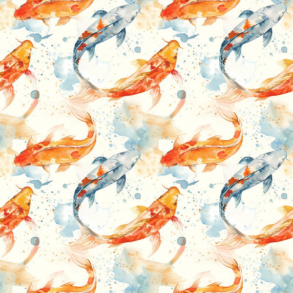 watercolor fish, koi carp, orange fish, blue fish, red fish, swimming pattern, aquatic design, watercolor splashes, flowing movement, seamless repeat,, fabric panel, artistic style, pond fish, water droplets, soft pastels, nature motif, fish swimming, delicate brushstrokes, asian inspired