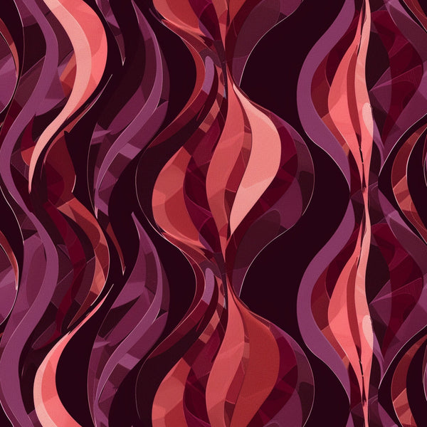 burgundy, maroon, coral, pink, purple, wine red, abstract waves, flowing curves, swirling pattern, organic shapes, flame-like design, modern art style, dynamic movement, layered ribbons, undulating forms,, fabric panel, contemporary design, fluid motion, gradient colors