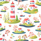 coral red, white, green, pink, yellow, lighthouse, cottage houses, small islands, sailboat, trees, flowers, birds, whimsical illustration, coastal scene, springtime theme,, fabric panel, cheerful pattern, nautical elements, pastoral landscape