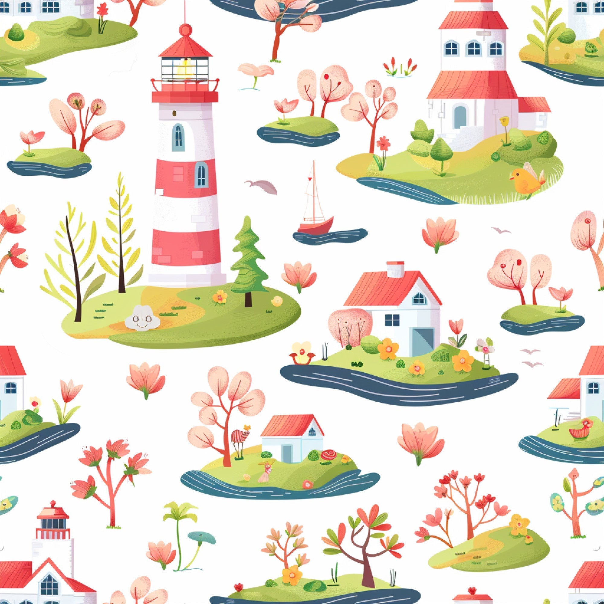 coral red, white, green, pink, yellow, lighthouse, cottage houses, small islands, sailboat, trees, flowers, birds, whimsical illustration, coastal scene, springtime theme,, fabric panel, cheerful pattern, nautical elements, pastoral landscape