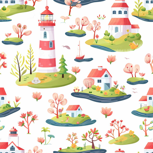 coral red, white, green, pink, yellow, lighthouse, cottage houses, small islands, sailboat, trees, flowers, birds, whimsical illustration, coastal scene, springtime theme,, fabric panel, cheerful pattern, nautical elements, pastoral landscape