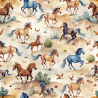 watercolor horses, running horses, wild mustangs, desert landscape, southwestern theme, beige background, brown horses, blue horses, black horses, galloping motion, prairie grass, autumn leaves,, fabric panel, equestrian pattern, western motif, earthy tones, dusty blues, natural colors, seamless repeat
