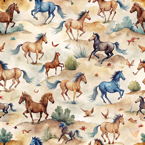 watercolor horses, running horses, wild mustangs, desert landscape, southwestern theme, beige background, brown horses, blue horses, black horses, galloping motion, prairie grass, autumn leaves,, fabric panel, equestrian pattern, western motif, earthy tones, dusty blues, natural colors, seamless repeat