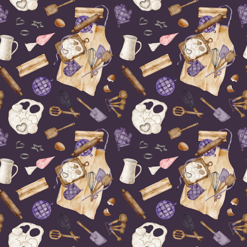 watercolor, baking pattern, kitchen utensils, rolling pins, mixing bowls, measuring spoons, oven mitts, whisk, spatula, cookie cutters, eggs, purple background, cream colored, brown tones, pink accents, apron design, culinary theme,, fabric panel, cooking motifs, baking tools, repeating pattern, soft watercolor style