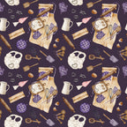 watercolor, baking pattern, kitchen utensils, rolling pins, mixing bowls, measuring spoons, oven mitts, whisk, spatula, cookie cutters, eggs, purple background, cream colored, brown tones, pink accents, apron design, culinary theme,, fabric panel, cooking motifs, baking tools, repeating pattern, soft watercolor style