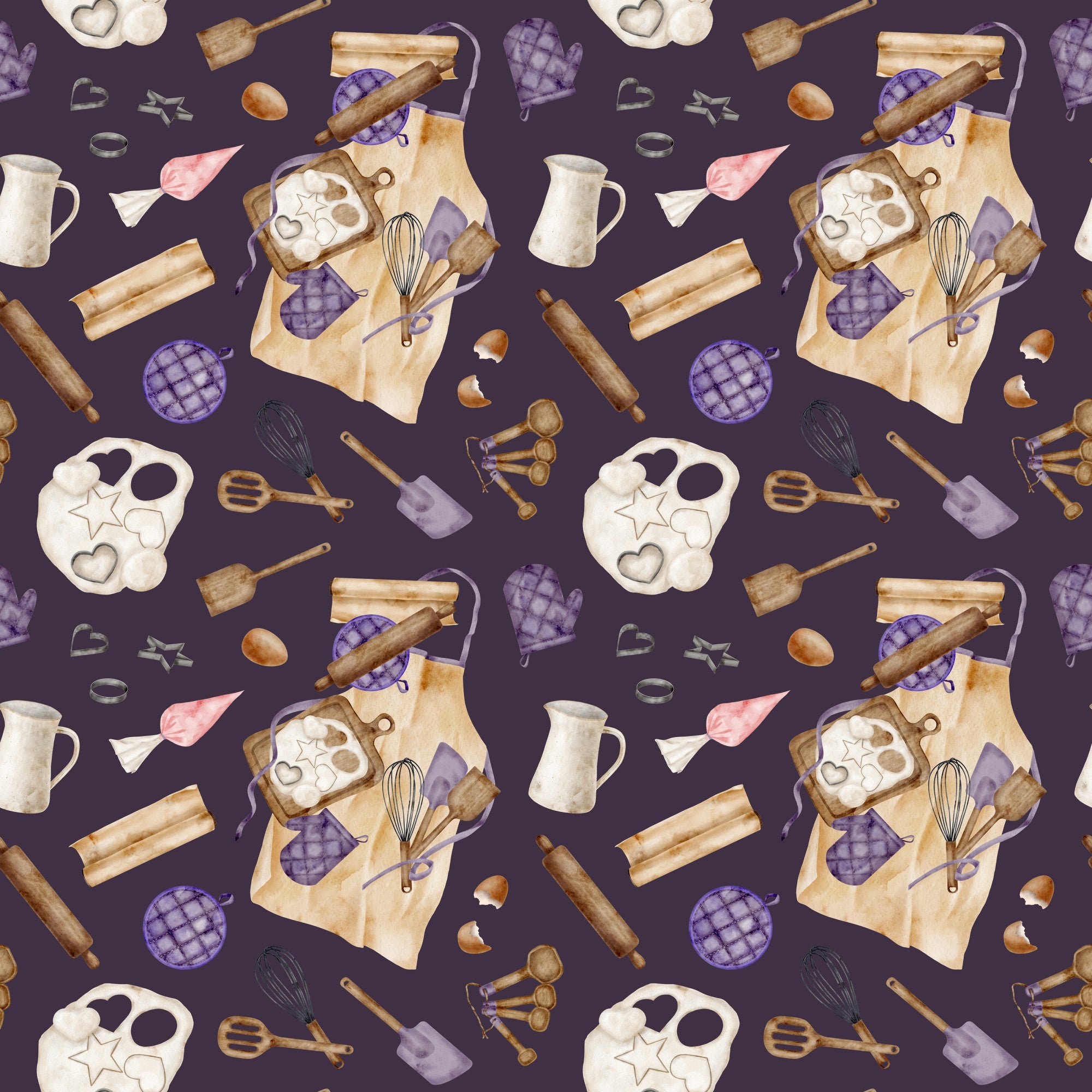 watercolor, baking pattern, kitchen utensils, rolling pins, mixing bowls, measuring spoons, oven mitts, whisk, spatula, cookie cutters, eggs, purple background, cream colored, brown tones, pink accents, apron design, culinary theme,, fabric panel, cooking motifs, baking tools, repeating pattern, soft watercolor style
