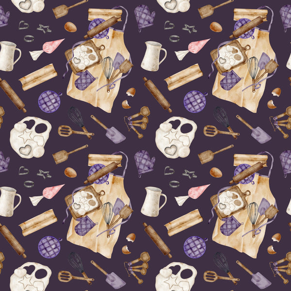 watercolor, baking pattern, kitchen utensils, rolling pins, mixing bowls, measuring spoons, oven mitts, whisk, spatula, cookie cutters, eggs, purple background, cream colored, brown tones, pink accents, apron design, culinary theme,, fabric panel, cooking motifs, baking tools, repeating pattern, soft watercolor style