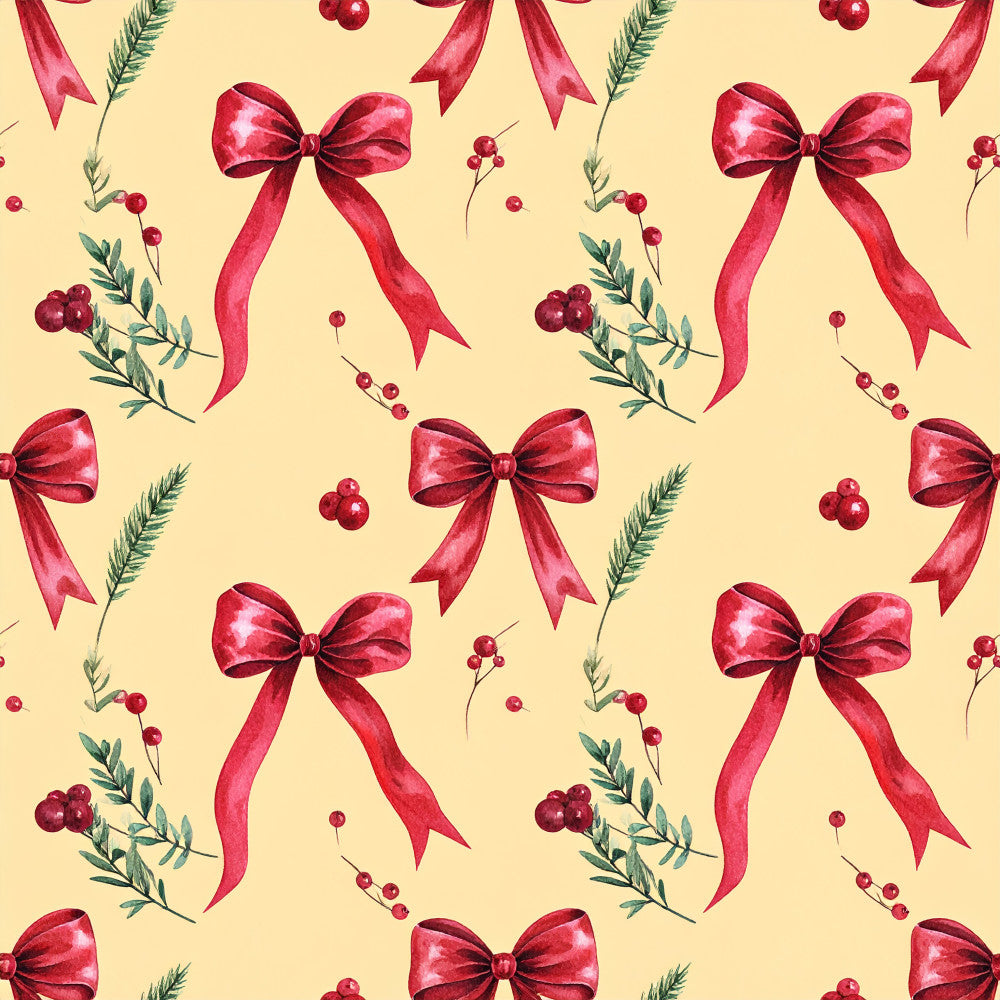 crimson red, deep red, burgundy, cream, ivory, pale yellow, holiday, christmas, festive, bows, ribbons, berries, evergreen, pine branches, botanical, nature, elegant, traditional, romantic, vintage, winter, seasonal, gift wrapping, decorative, classic, timeless, celebration, berry branches, metallic accents, luxury
