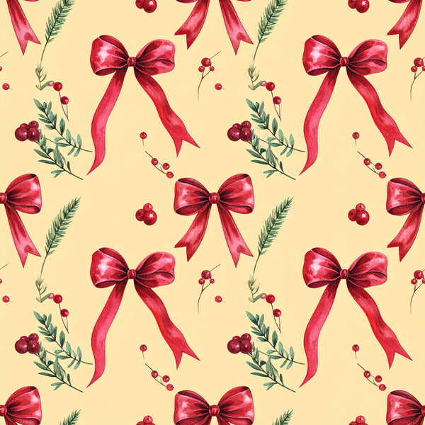 crimson red, deep red, burgundy, cream, ivory, pale yellow, holiday, christmas, festive, bows, ribbons, berries, evergreen, pine branches, botanical, nature, elegant, traditional, romantic, vintage, winter, seasonal, gift wrapping, decorative, classic, timeless, celebration, berry branches, metallic accents, luxury