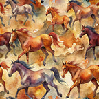 horses, wild horses, watercolor style, brown tones, chestnut colors, auburn shades, cream background, galloping horses, flowing manes, equestrian theme, seamless pattern,, fabric panel, artistic watercolor, warm earth tones, horse silhouettes, dynamic movement, western theme, natural colors, rustic palette