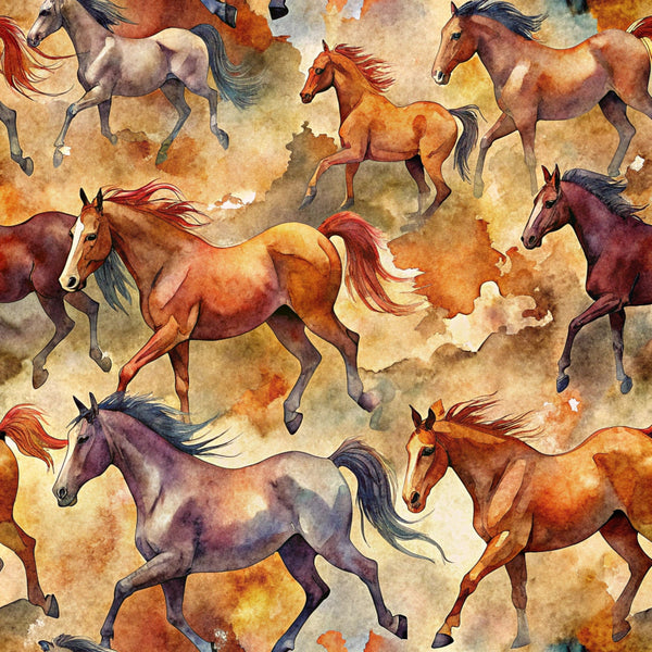 horses, wild horses, watercolor style, brown tones, chestnut colors, auburn shades, cream background, galloping horses, flowing manes, equestrian theme, seamless pattern,, fabric panel, artistic watercolor, warm earth tones, horse silhouettes, dynamic movement, western theme, natural colors, rustic palette
