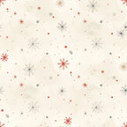 cream background, red snowflakes, gray snowflakes, teal circles, beige snowflakes, winter theme, holiday theme, christmas, festive, geometric snowflakes, starburst pattern, scattered dots, modern style, whimsical, seasonal, neutral palette, accent colors, winter wonderland, minimalist design, contemporary, red accents, cool tones, warm tones, nursery, playroom, kids room, holiday decor, winter celebration, elegant winter, soft aesthetic