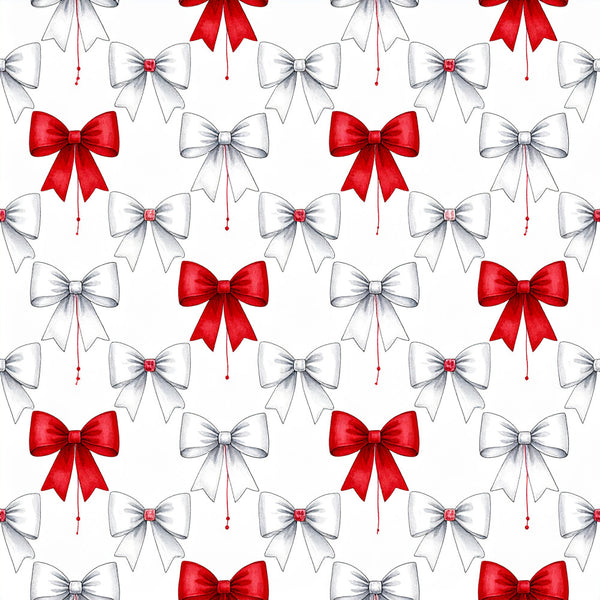 red and white bows, holiday bows, christmas bows, festive bows, ribbon bows, elegant bows, classic bows, red bows, white bows, bow pattern, repeating bows, holiday decoration, christmas decoration, festive pattern, elegant style, traditional holiday, gift wrapping theme, whimsical bows, decorative bows, holiday fabric, christmas fabric, nursery, playroom, kids room, baby gift, celebration theme, red and cream, metallic accents
