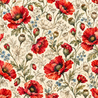 red poppies, cream background, floral pattern, vintage floral, botanical print, red flowers, coral red, sage green, soft blue, wildflowers, garden flowers, delicate flowers, traditional style, elegant style, rustic style, nature themed, spring flowers, summer flowers, poppy flowers, seed pods, nature motifs, cottage core, whimsical floral, classic floral, detailed botanical, watercolor style, heritage floral, timeless design, romantic floral, meadow flowers
