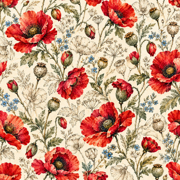 red poppies, cream background, floral pattern, vintage floral, botanical print, red flowers, coral red, sage green, soft blue, wildflowers, garden flowers, delicate flowers, traditional style, elegant style, rustic style, nature themed, spring flowers, summer flowers, poppy flowers, seed pods, nature motifs, cottage core, whimsical floral, classic floral, detailed botanical, watercolor style, heritage floral, timeless design, romantic floral, meadow flowers
