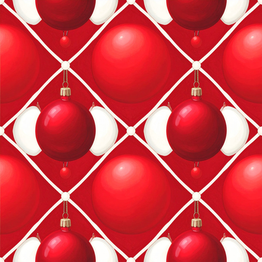 christmas, holiday, red and white, festive, ornaments, baubles, geometric, diamond pattern, elegant, traditional, bright red, pearl white, gold accents, decorative balls, winter, seasonal, home decor, festive decor, classic christmas, shiny ornaments, repeating pattern, holiday themed, celebration, red fabric, white fabric, metallic accents, timeless design