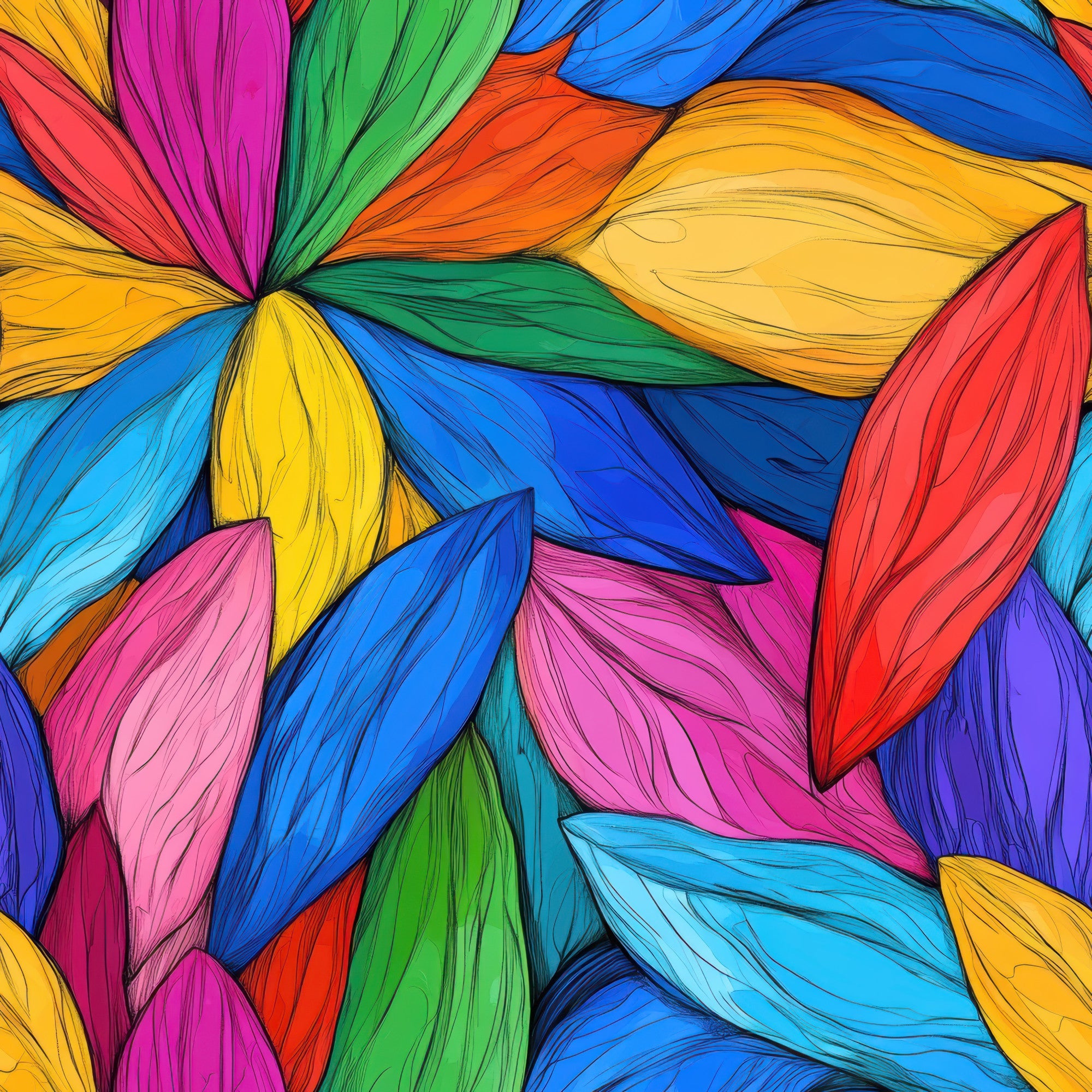 vibrant colors, rainbow petals, floral pattern, abstract flowers,, fabric panel, bright blues, hot pink, emerald green, golden yellow, orange hues, purple accents, red petals, geometric florals, contemporary art, kaleidoscope design, colorful blooms, modern floral, artistic petals, prism effect