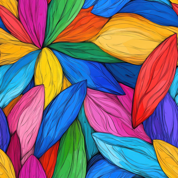 vibrant colors, rainbow petals, floral pattern, abstract flowers,, fabric panel, bright blues, hot pink, emerald green, golden yellow, orange hues, purple accents, red petals, geometric florals, contemporary art, kaleidoscope design, colorful blooms, modern floral, artistic petals, prism effect
