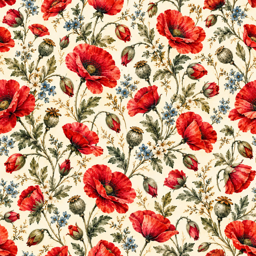 red poppies, cream background, floral pattern, vintage floral, botanical print, garden flowers, red flowers, blue flowers, gold accents, nature theme, traditional style, elegant design, romantic floral, cottage core, wildflower, poppy flowers, seed pods, buds, spring flowers, summer florals, classic floral, timeless design, botanical illustration, multi-colored flowers, layered florals, garden aesthetic, heirloom style, botanical garden, mixed flowers