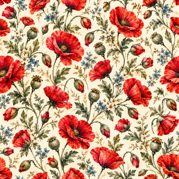 red poppies, cream background, floral pattern, vintage floral, botanical print, garden flowers, red flowers, blue flowers, gold accents, nature theme, traditional style, elegant design, romantic floral, cottage core, wildflower, poppy flowers, seed pods, buds, spring flowers, summer florals, classic floral, timeless design, botanical illustration, multi-colored flowers, layered florals, garden aesthetic, heirloom style, botanical garden, mixed flowers