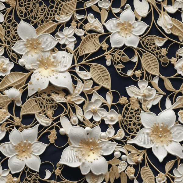 cream, ivory, beige, navy blue, floral pattern, lace design, tatting lace, botanical motifs, elegant flowers, delicate leaves, intricate scrollwork, ornate details,, fabric panel, vintage inspired, dimensional effect, feminine design, decorative flourishes, pearl accents, sophisticated pattern