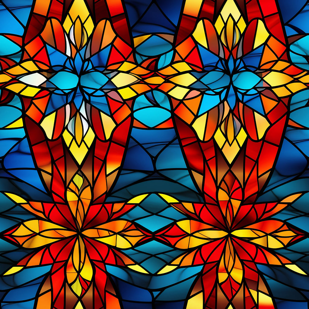 stained glass, kaleidoscope pattern, geometric design, vibrant colors, red, blue, yellow, orange, turquoise, symmetrical motifs, floral elements, radiating petals, mosaic style, jewel tones,, fabric panel, christmas theme, holiday fabric, artistic pattern, decorative geometric