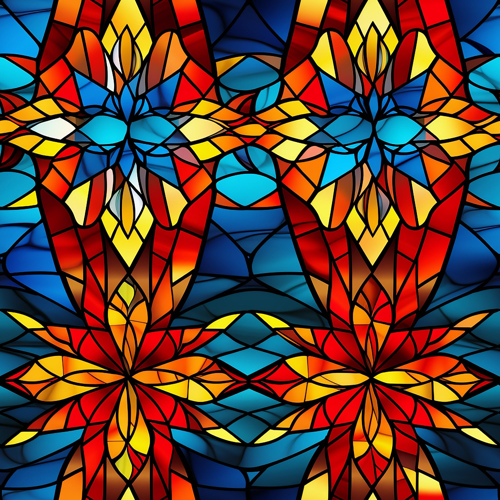 stained glass, kaleidoscope pattern, geometric design, vibrant colors, red, blue, yellow, orange, turquoise, symmetrical motifs, floral elements, radiating petals, mosaic style, jewel tones,, fabric panel, christmas theme, holiday fabric, artistic pattern, decorative geometric