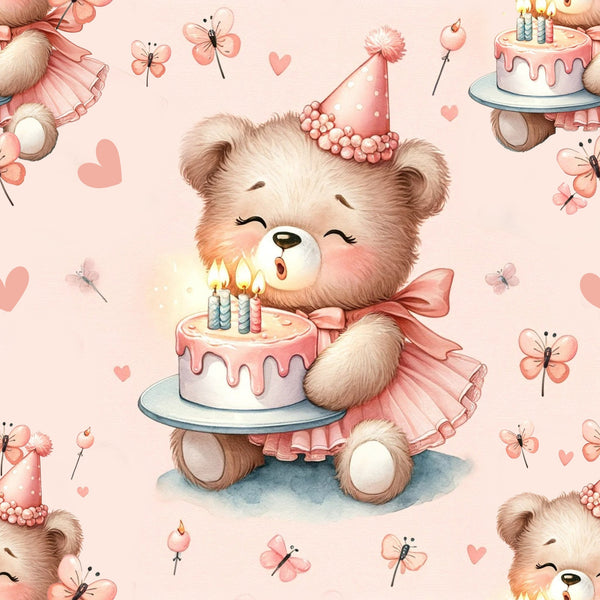 pink teddy bears, birthday celebration, party hats, birthday cake, candles, butterflies, hearts, blush pink, coral pink, cream, watercolor style, cute animals, festive pattern,, fabric panel, whimsical design, children's fabric, baby nursery, soft pastels, repeating pattern