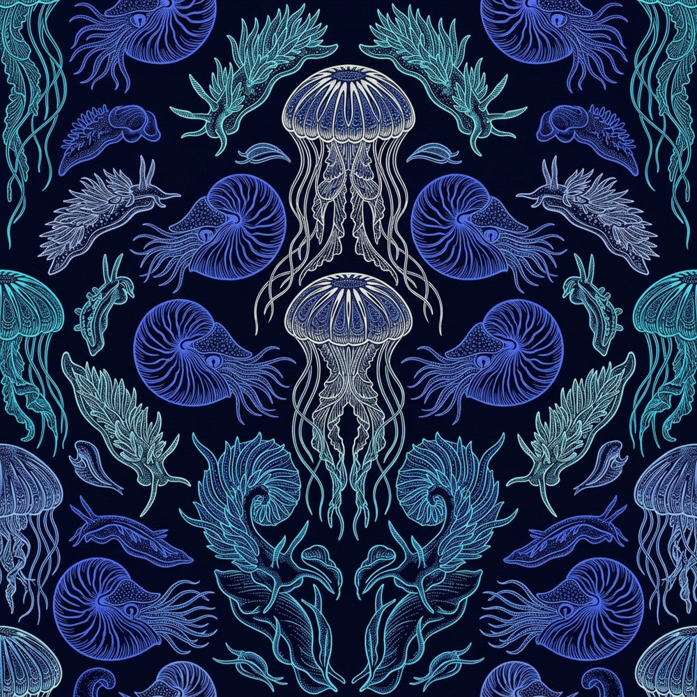 navy blue, deep blue, cyan, turquoise, white, ocean blue, jellyfish, nautical, marine, sea creatures, ocean life, underwater, bioluminescent, glowing, ethereal, whimsical, mystical, celestial, elegant, ornate, decorative, detailed illustration, intricate linework, sea animals, aquatic theme, deep sea, modern whimsical, dark blue background, coastal, fantasy