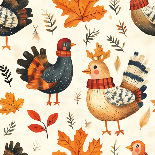 autumn birds, fall foliage, forest green, orange leaves, rust red, cream background, plaid pattern, woodland animals, nature theme, whimsical style, rustic farmhouse, cozy aesthetic, seasonal decor, fall harvest, chickens, feathered friends, natural elements, warm tones, children's room, playroom decor, nursery theme, kids bedding, autumn celebration, vintage inspired, folk art style, decorative leaves, festive fall