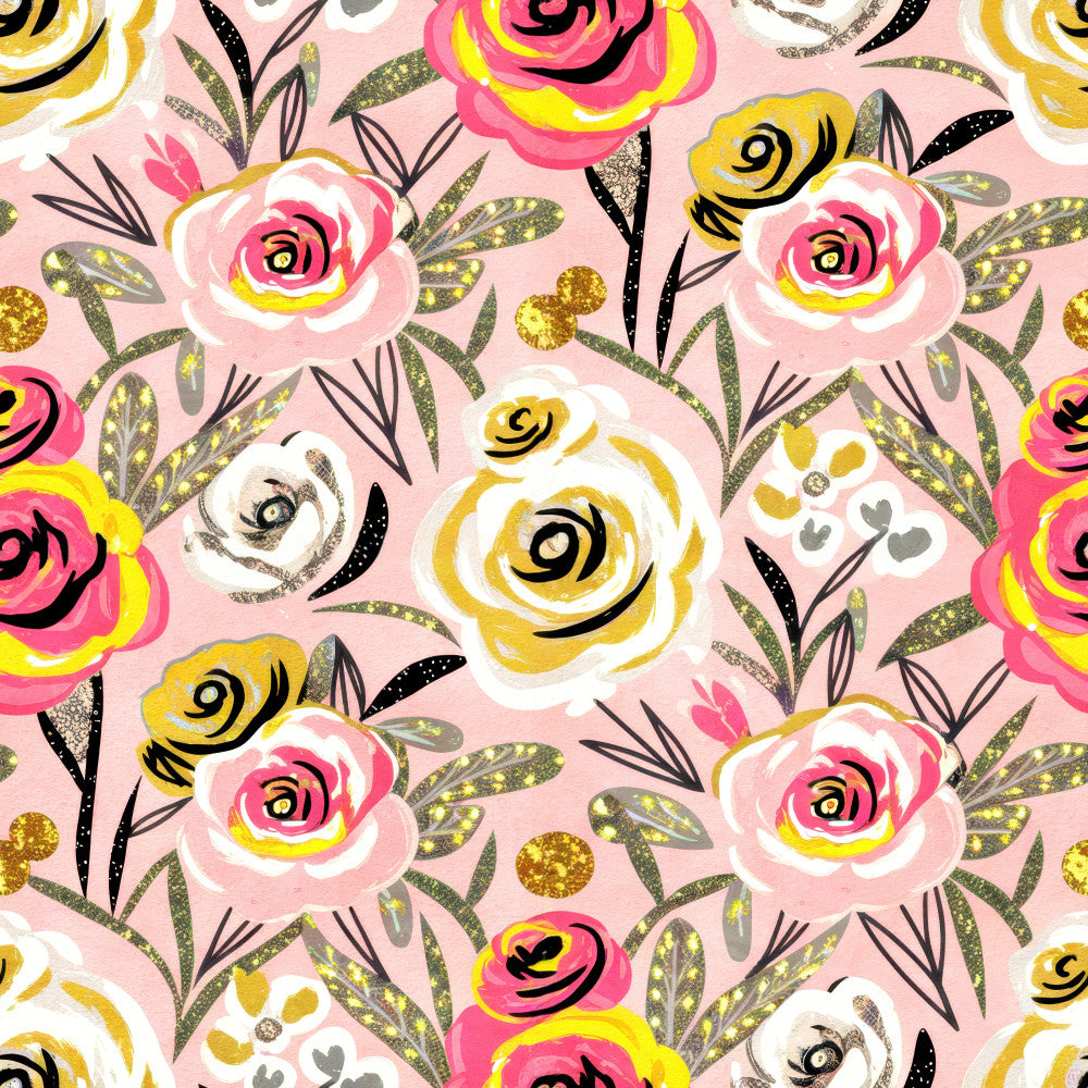 hot pink, coral pink, pale pink, yellow, gold, black, white, sage green, glitter, metallic, floral, rose, modern, whimsical, contemporary, botanical, leaves, foliage, spiral, swirls, playroom, nursery, kids room, baby girl, spring, summer, cheerful, vibrant, artistic, decorative